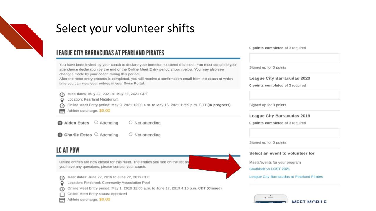 Screenshot of Volunteer Selections